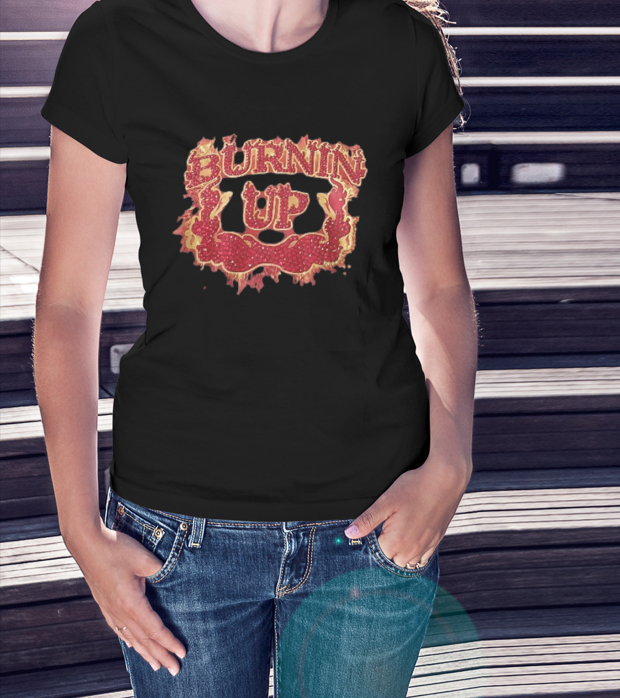 Burnin Up Red Rhinestone Gemstone Lettering Flaming Crest Frame Fiery T-Shirt