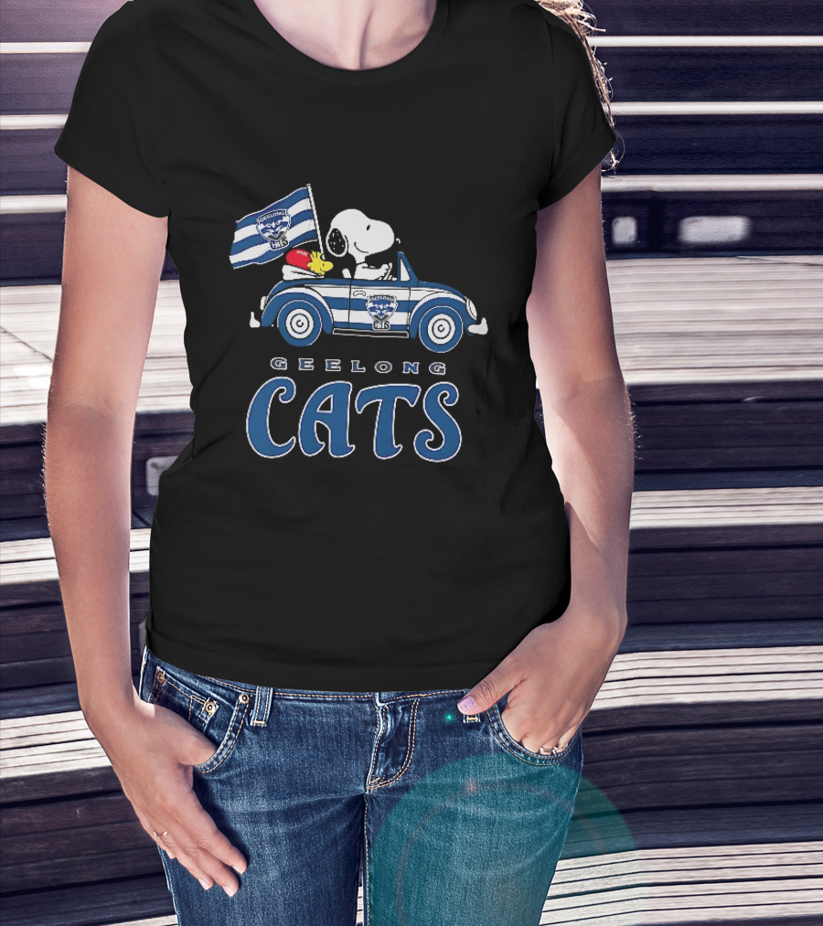 Geelong Cats Snoopy Woodstock Driving With Flag T-Shirt