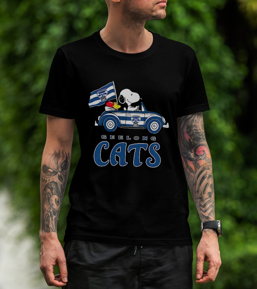 Geelong Cats Snoopy Woodstock Driving With Flag T-Shirt