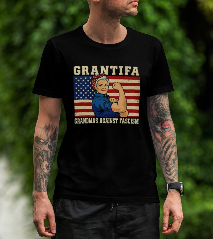 Grantifa Grandmas Against Fascism Rosie Riveter USA Flag T-Shirt