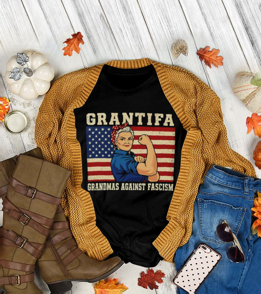 Grantifa Grandmas Against Fascism Rosie Riveter USA Flag T-Shirt