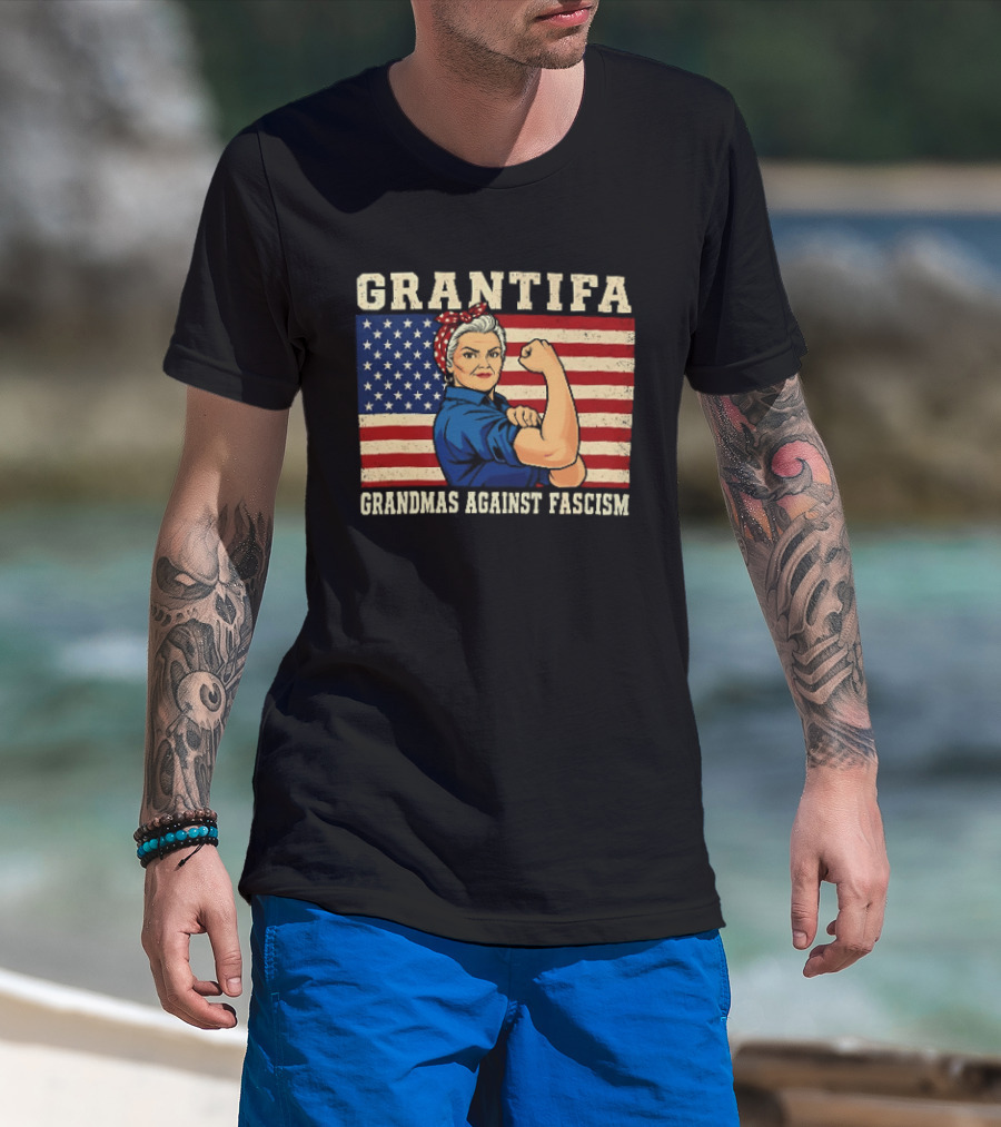Grantifa Grandmas Against Fascism Rosie Riveter USA Flag T-Shirt