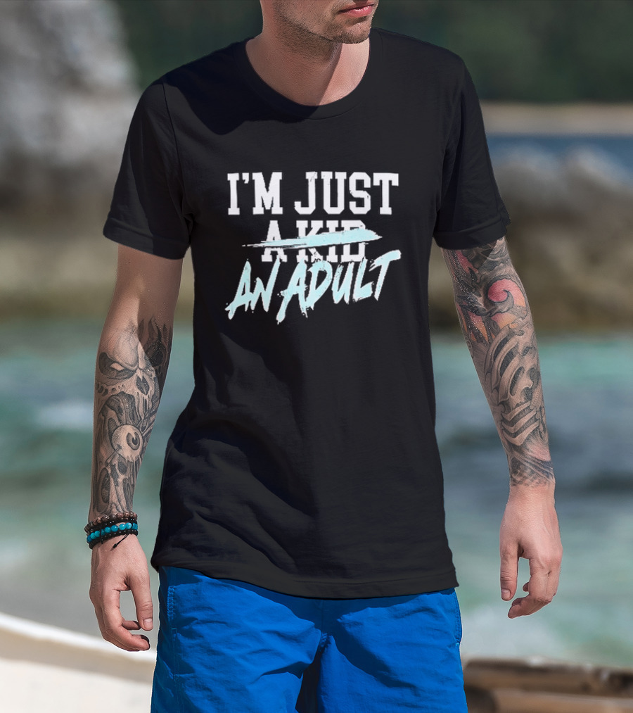 I'm Just A Kid An Adult Distressed Block Blue Paint Brush T-Shirt