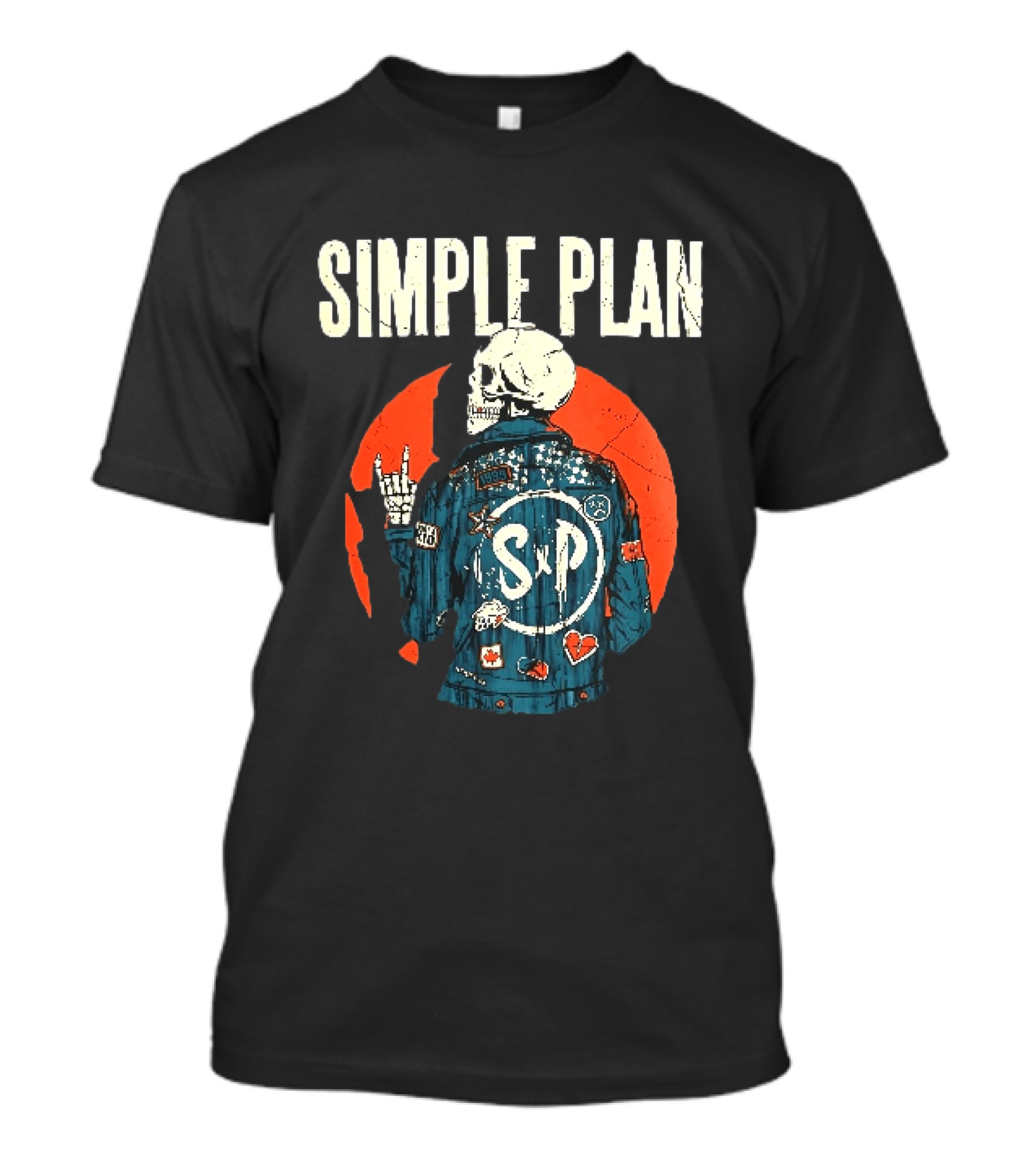 Simple Plan Just A Kid 1999 Skeleton Rock Sign SP Denim Jacket Distressed T-Shirt