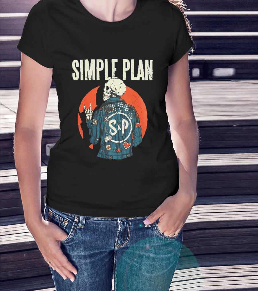 Simple Plan Just A Kid 1999 Skeleton Rock Sign SP Denim Jacket Distressed T-Shirt
