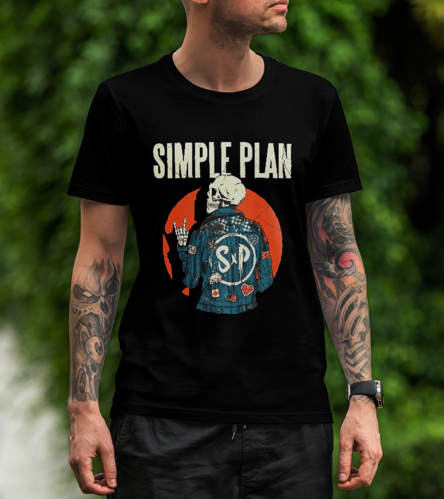 Simple Plan Just A Kid 1999 Skeleton Rock Sign SP Denim Jacket Distressed T-Shirt