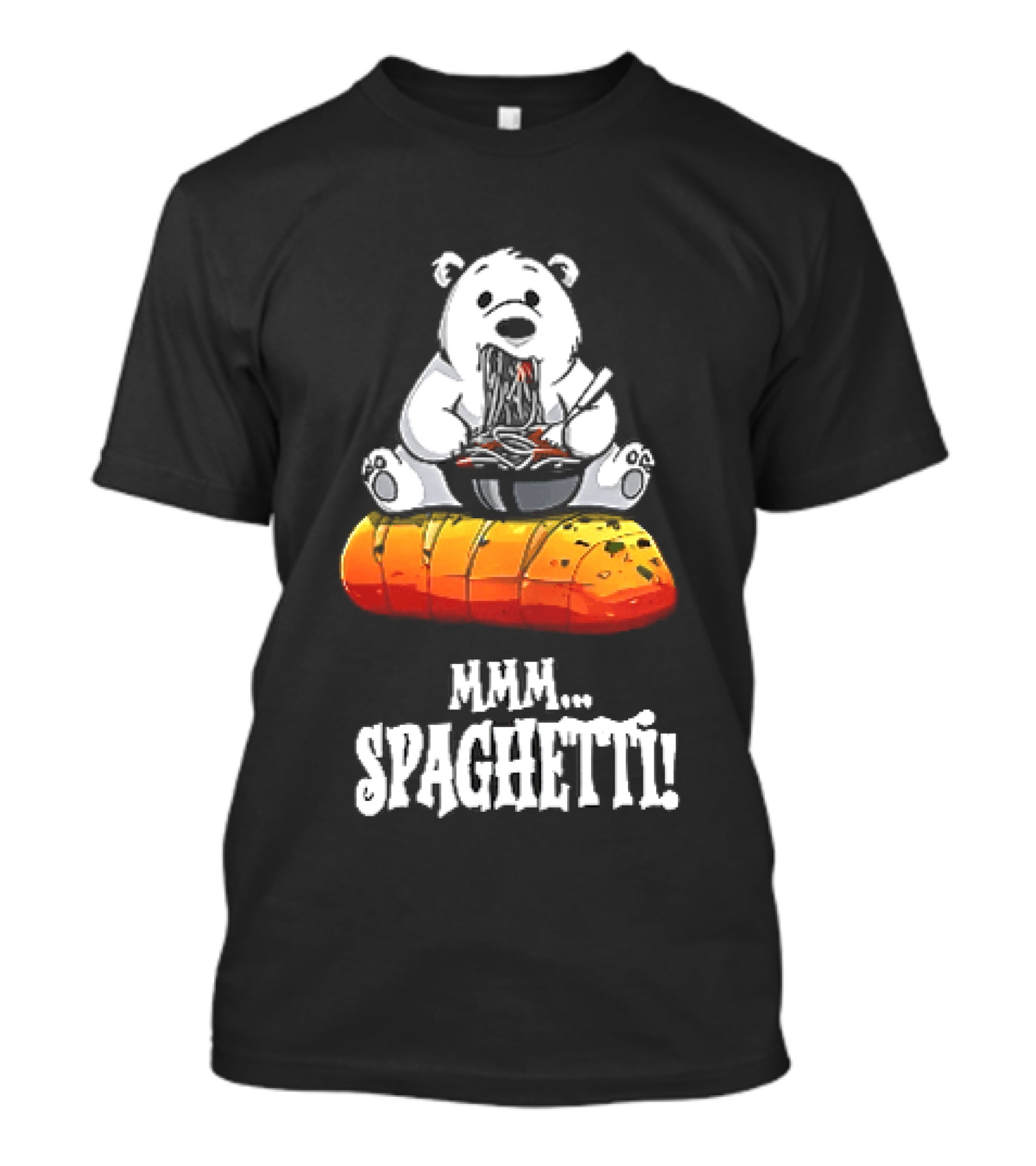 Mmm Spaghetti Cartoon Polar Bear Enjoying Pasta On Garlic Bread T-Shirt
