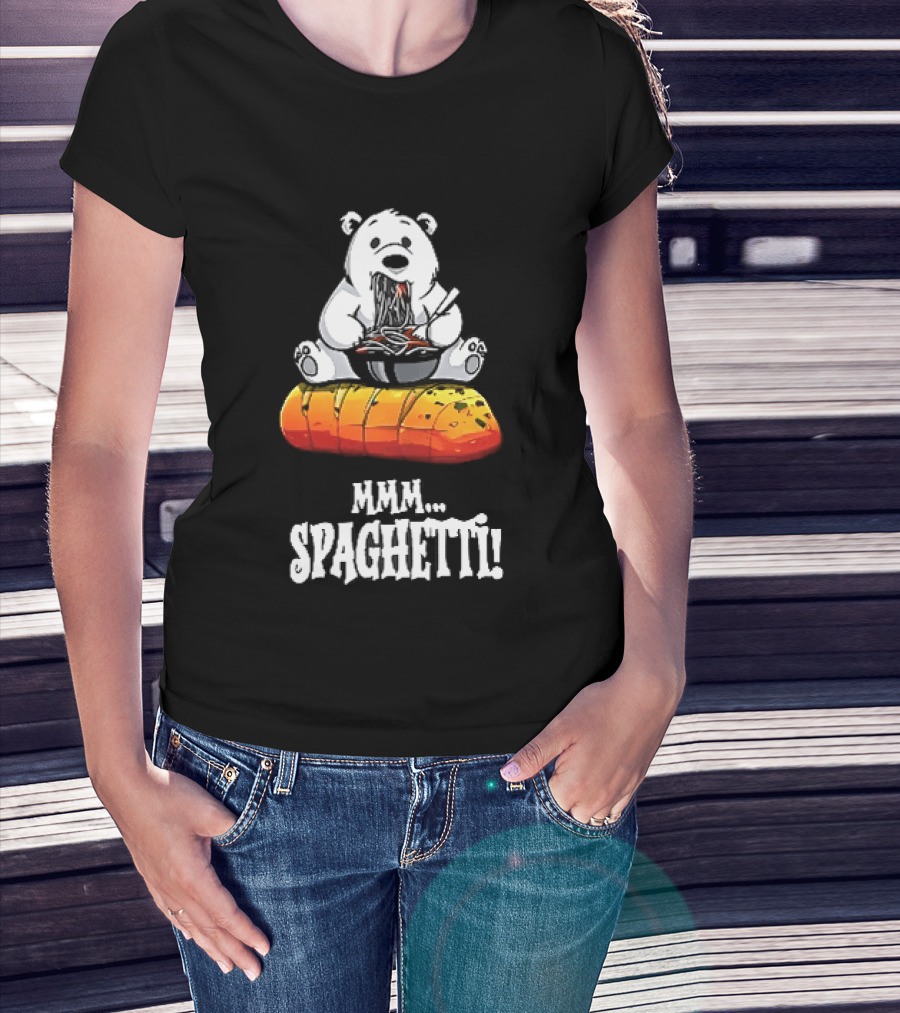 Mmm Spaghetti Cartoon Polar Bear Enjoying Pasta On Garlic Bread T-Shirt