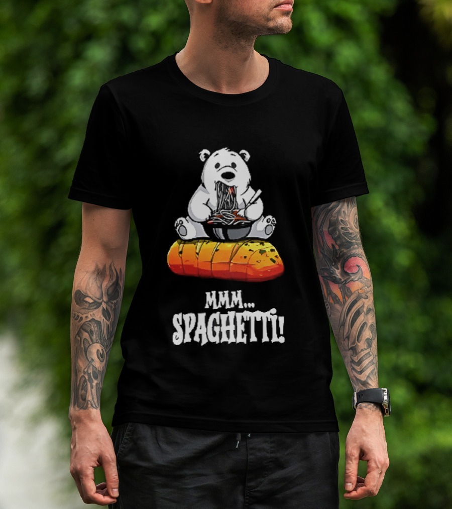 Mmm Spaghetti Cartoon Polar Bear Enjoying Pasta On Garlic Bread T-Shirt