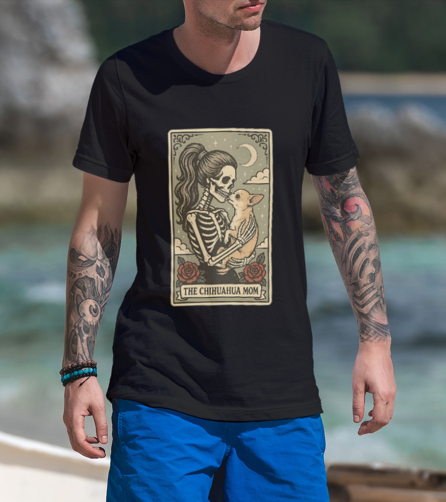 The Chihuahua Mom Skeleton With Dog Moon And Roses T-Shirt
