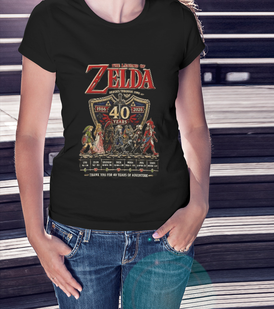 The Legend Of Zelda Heroes Through Time 1986 2026 40 Years Thank You For 40 Years Of Adventure Link Zelda Ganondorf Sheik Midna Impa Sidon T-Shirt