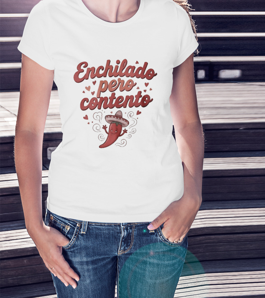 Enchilado Pero Contento Sombrero Chili Pepper Cartoon Hearts T-Shirt