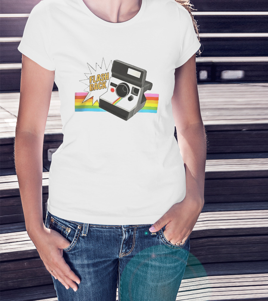 Flash Back Instant Camera Rainbow Stripe Starburst T-Shirt