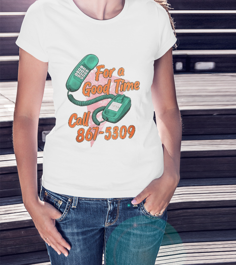 For A Good Time Call 867 5309 Teal Telephone Pink Triangle T-Shirt