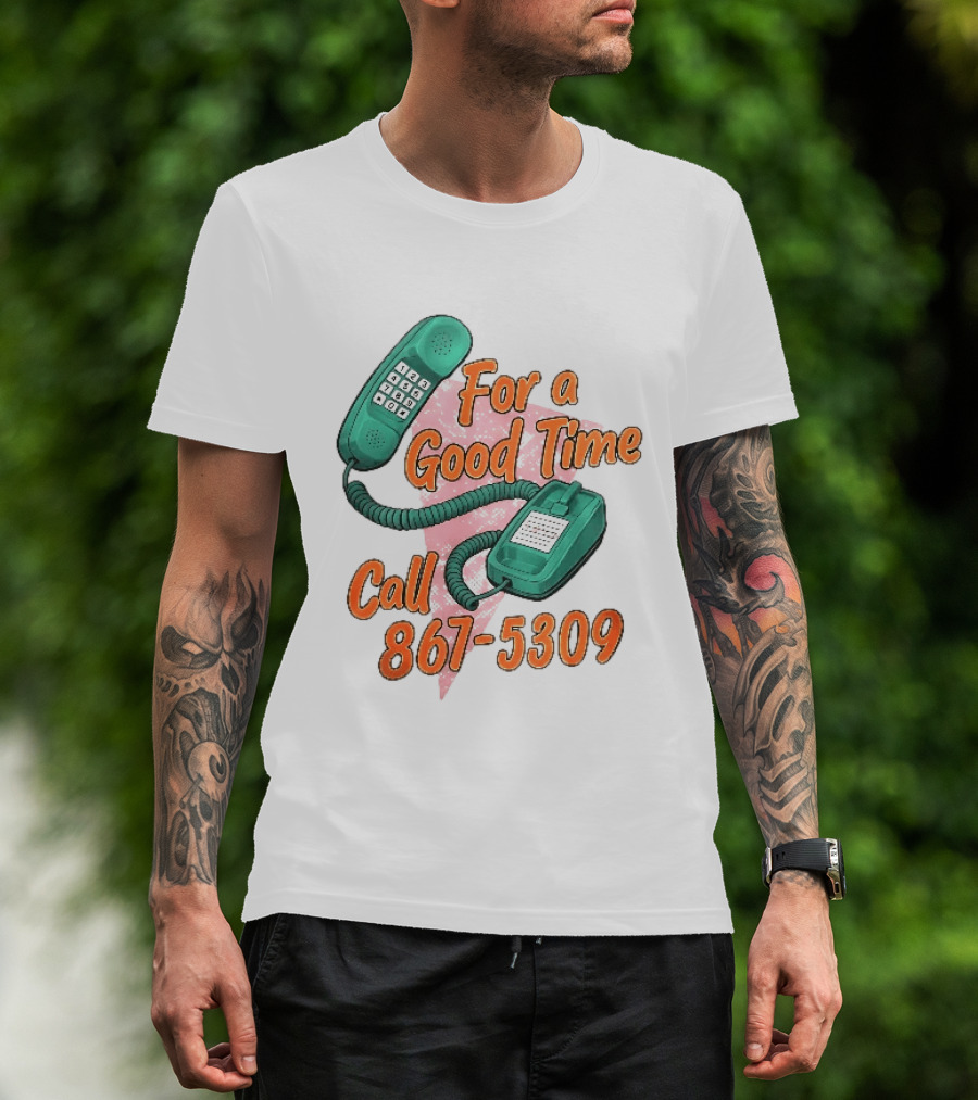 For A Good Time Call 867 5309 Teal Telephone Pink Triangle T-Shirt