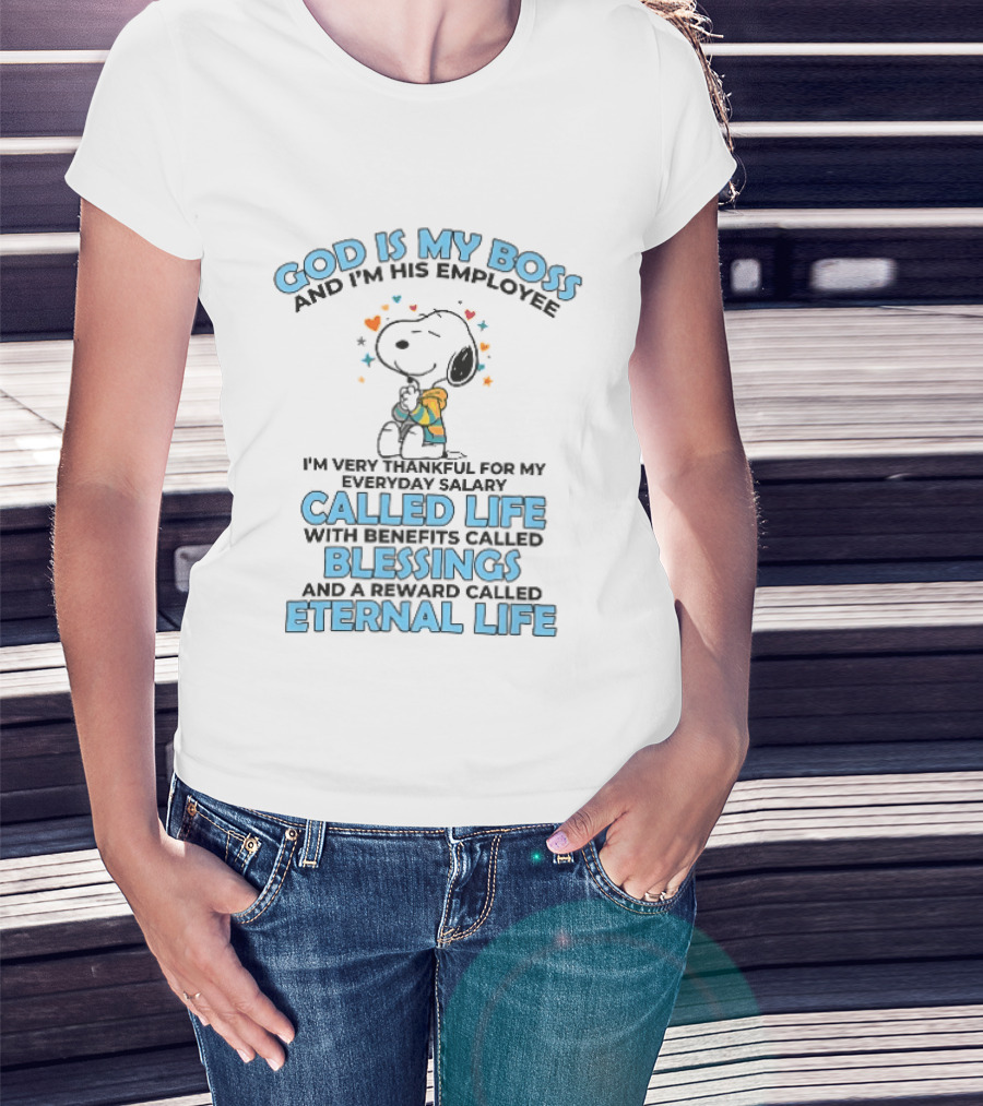 God Is My Boss Employee Everyday Salary Called Life Benefits Blessings Eternal Cartoon Dog Praying T-Shirt