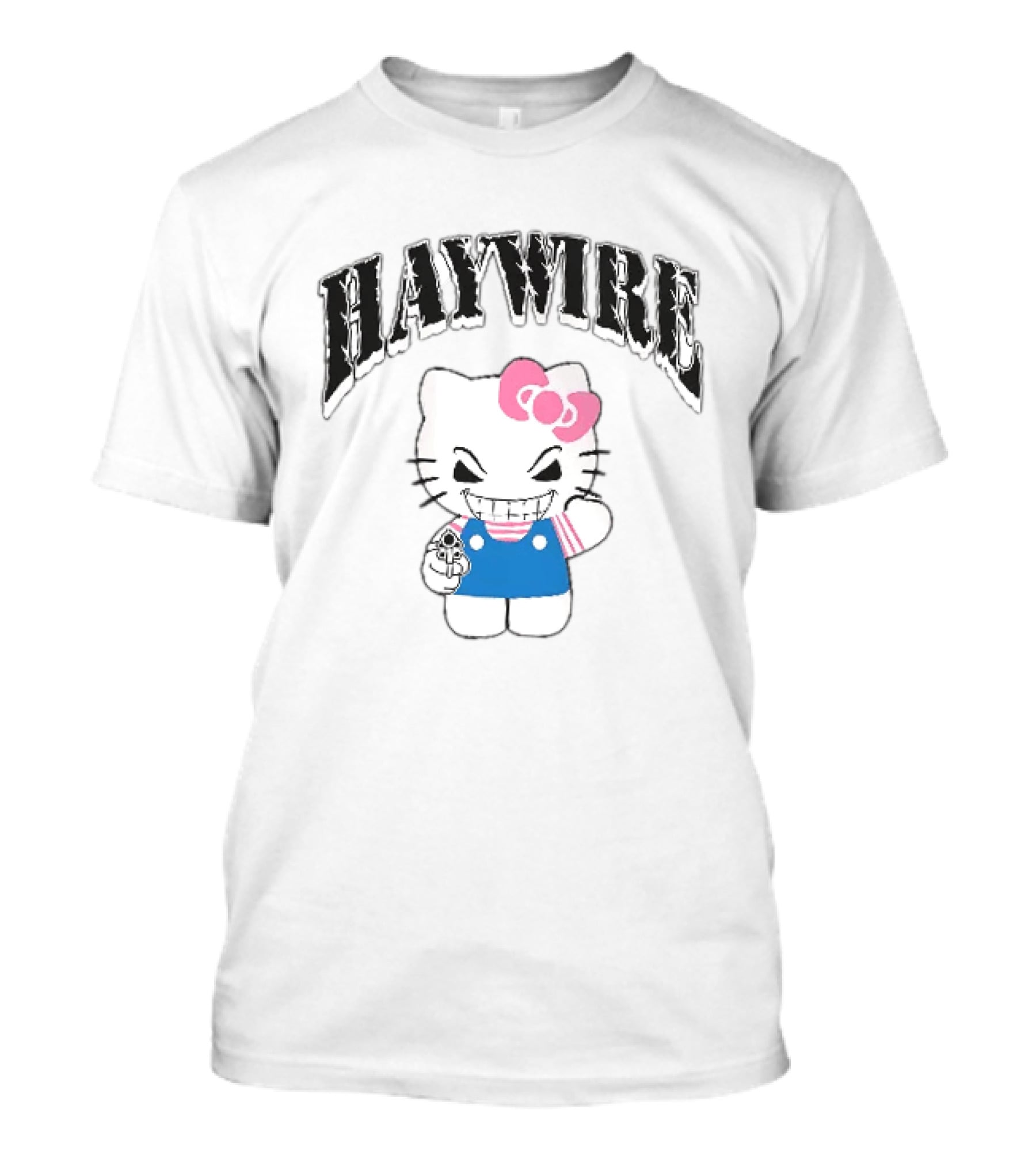 Haywire Hello Kitty Mischievous Grin Pink Bow Blue Overalls T-Shirt