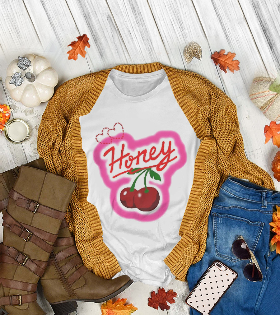 Honey Red Cherries Neon Heart T-Shirt