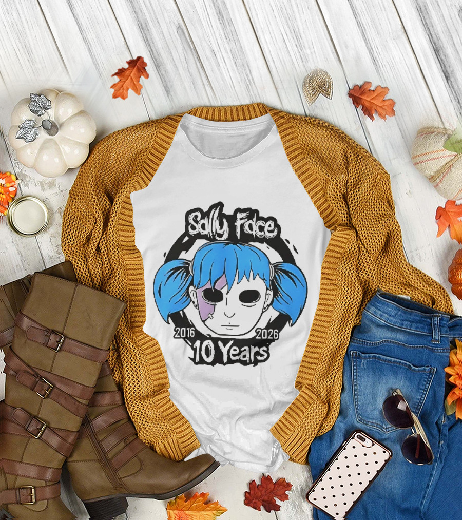 Sally Face 2016 2026 10 Years Cartoon Blue Hair Masked Character Anniversary T-Shirt