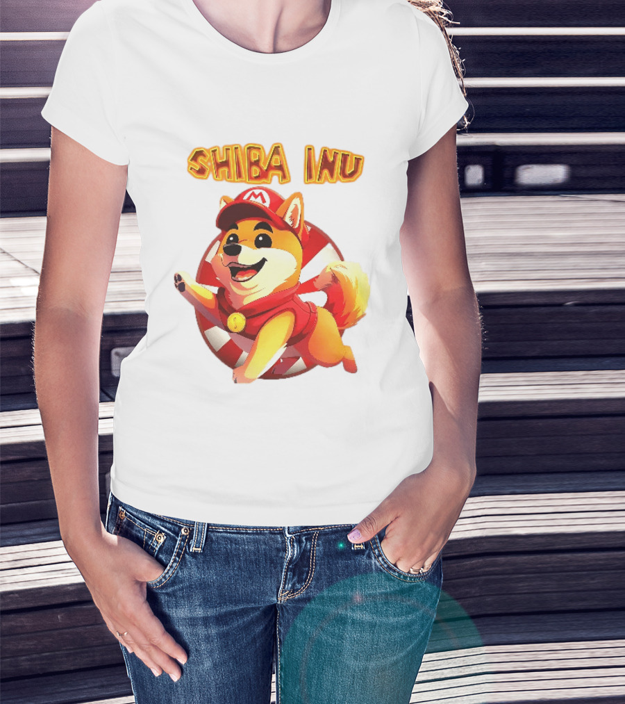 Shiba Inu Cartoon Dog Mario Red Cap Vest Running Striped T-Shirt