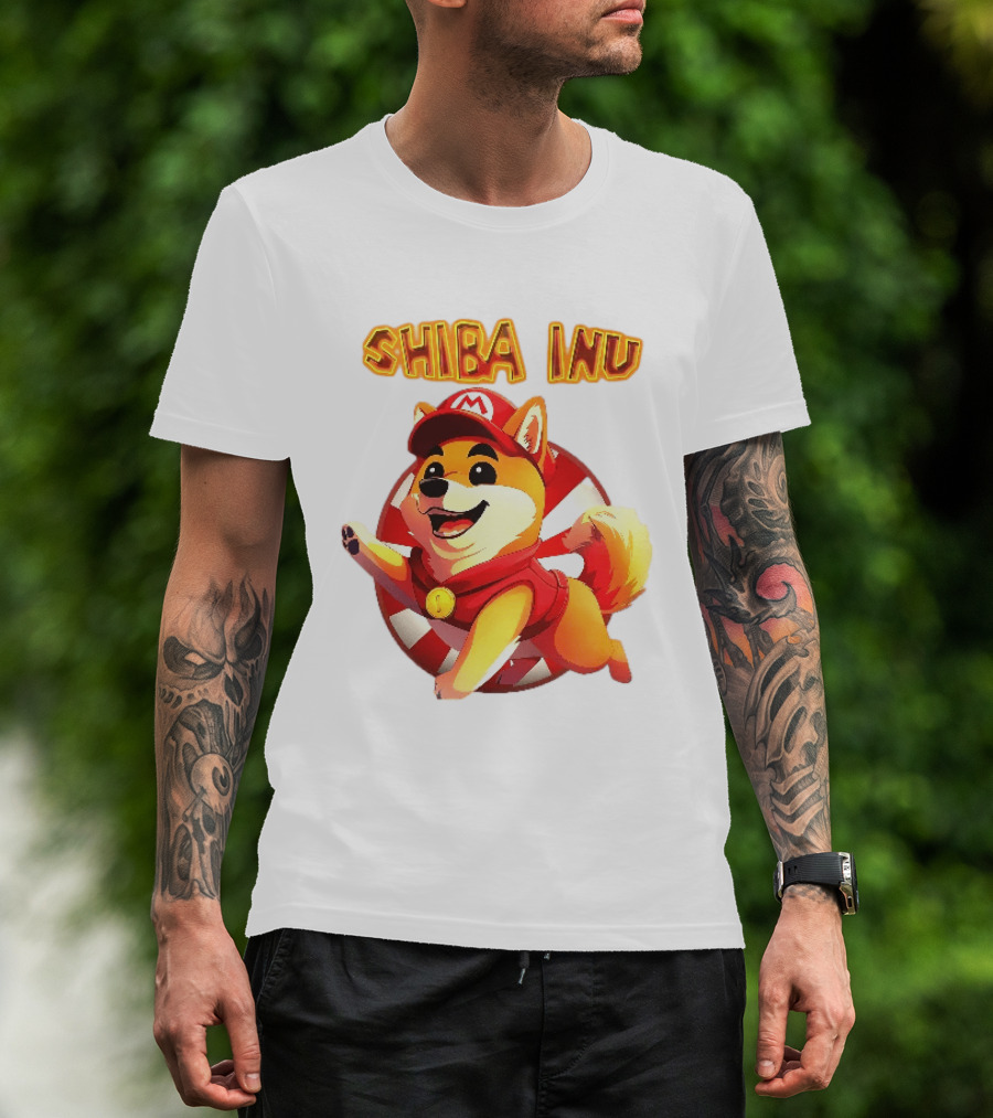 Shiba Inu Cartoon Dog Mario Red Cap Vest Running Striped T-Shirt