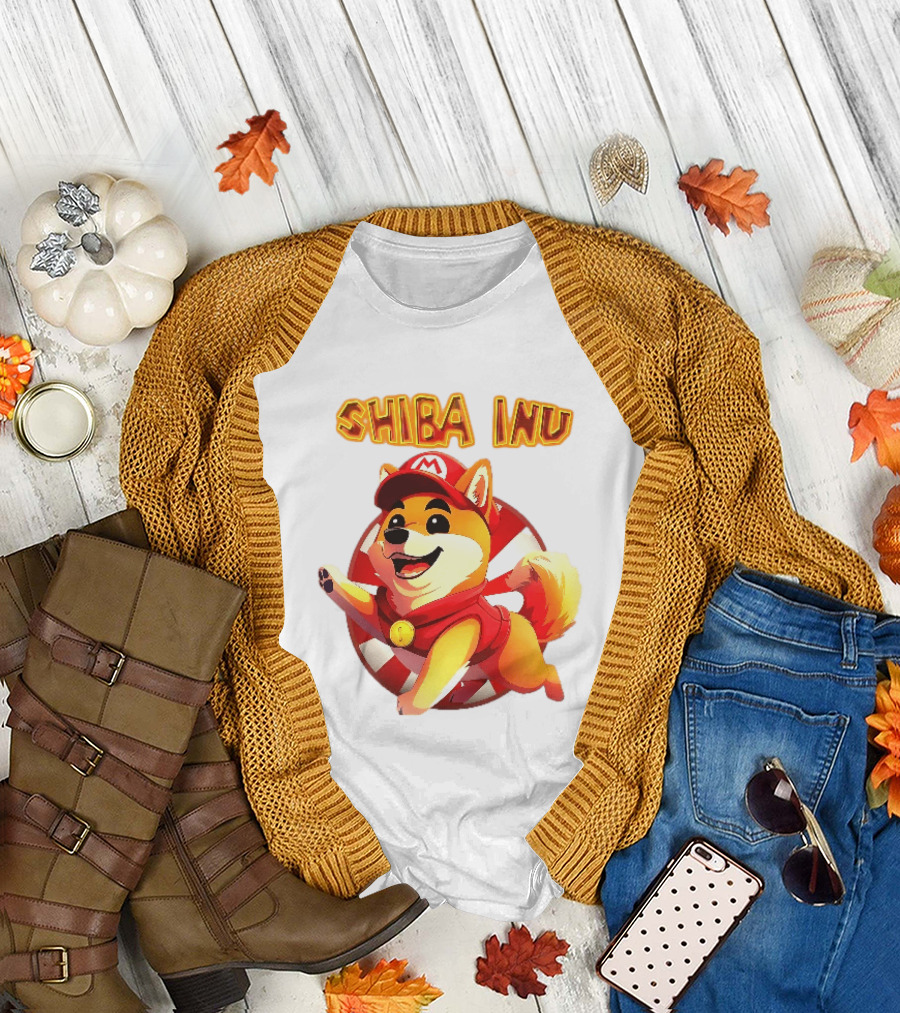 Shiba Inu Cartoon Dog Mario Red Cap Vest Running Striped T-Shirt