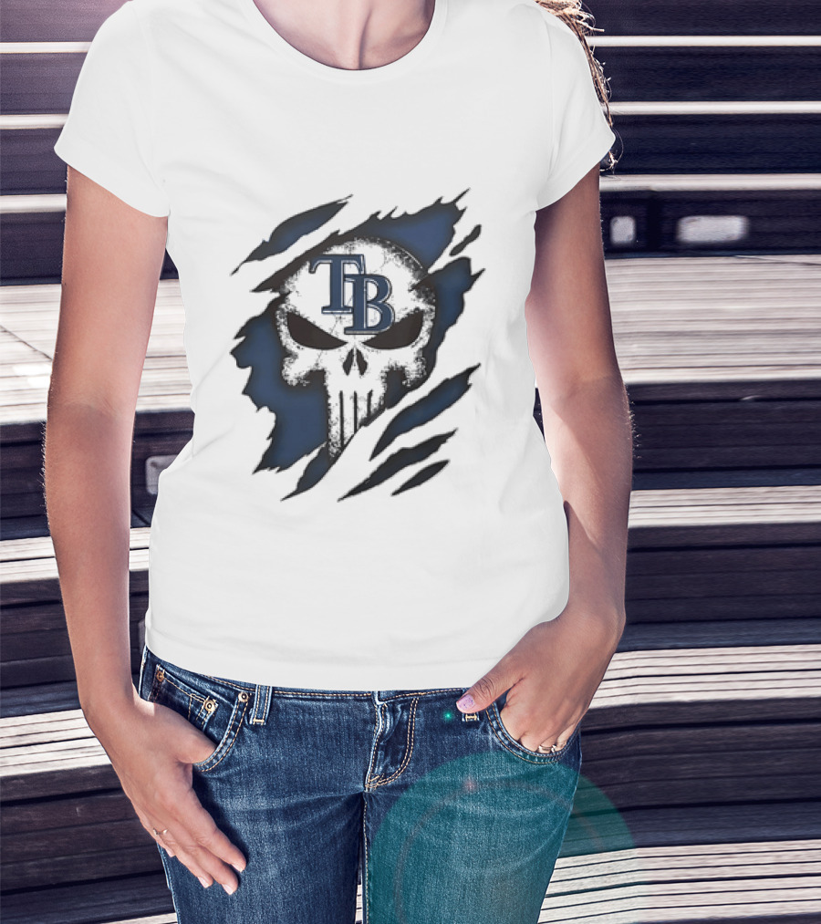 Tampa Bay Rays TB Punisher Skull Ripped Effect T-Shirt