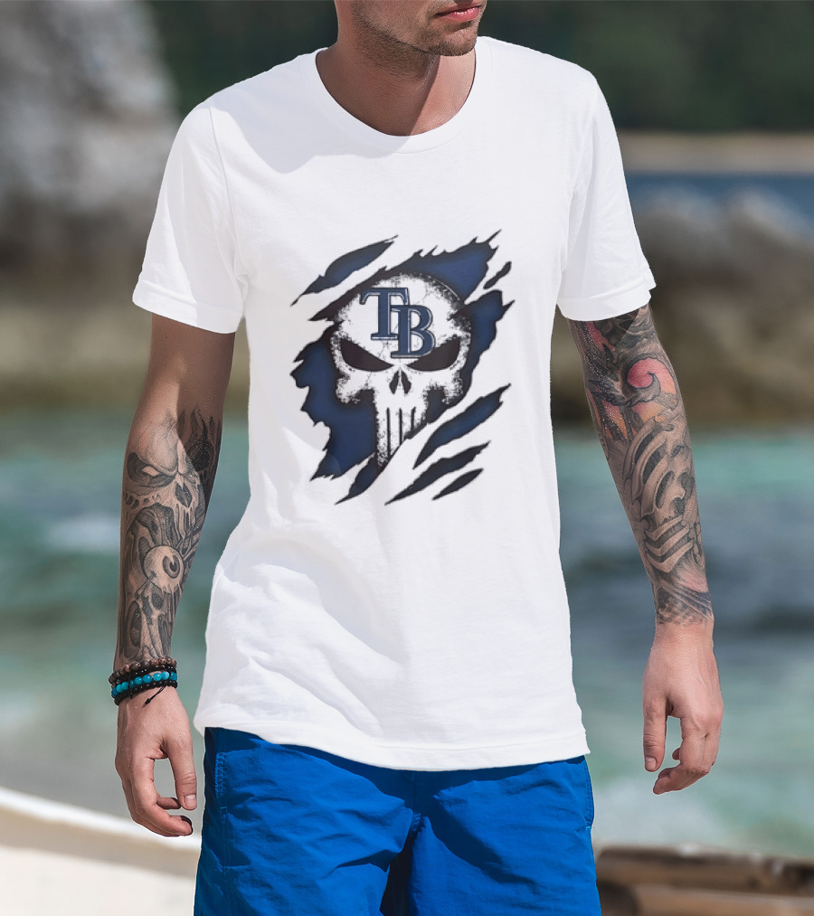 Tampa Bay Rays TB Punisher Skull Ripped Effect T-Shirt