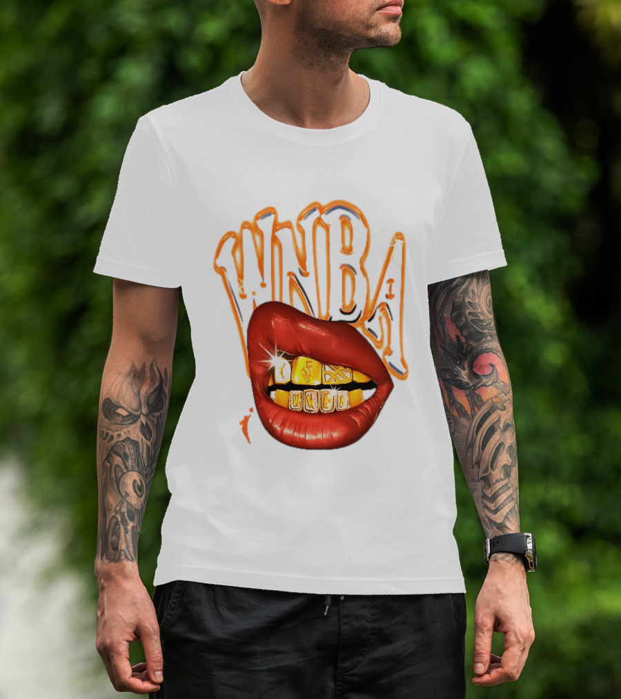 WNBA Red Lips Gold Teeth Grillz Glowing Chrome Lettering T-Shirt