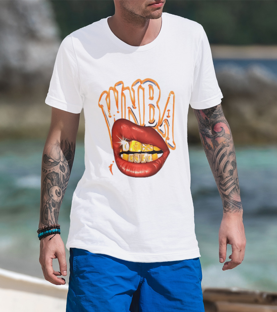 WNBA Red Lips Gold Teeth Grillz Glowing Chrome Lettering T-Shirt