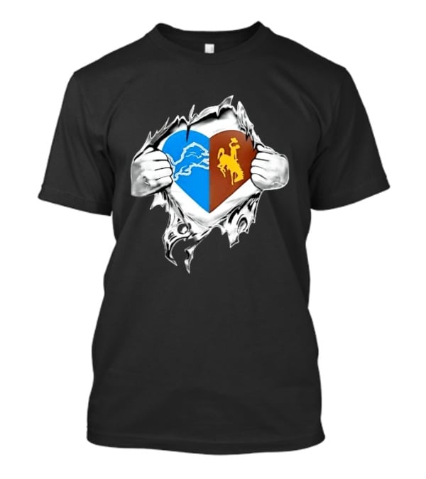 Detroit Lions Wyoming Cowboys Heart Ripped Skin T-Shirt