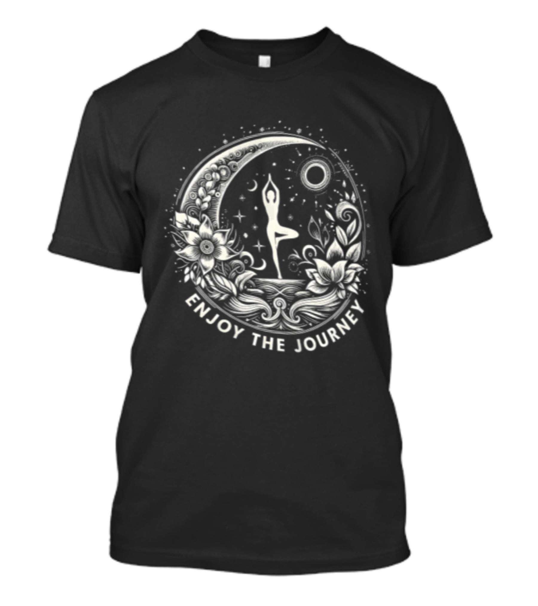 Enjoy The Journey Yoga Tree Pose Mandala Moon Sun Floral Surround T-Shirt