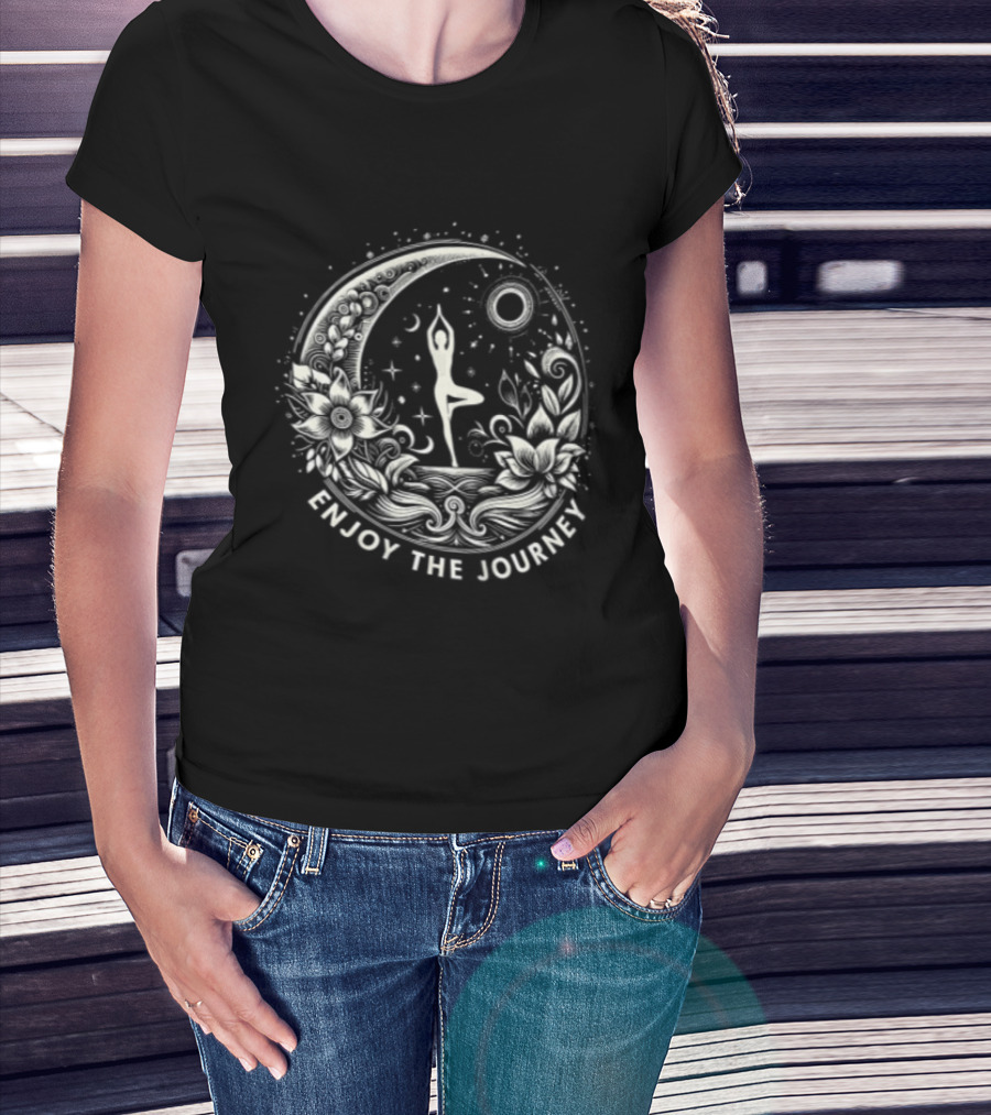 Enjoy The Journey Yoga Tree Pose Mandala Moon Sun Floral Surround T-Shirt