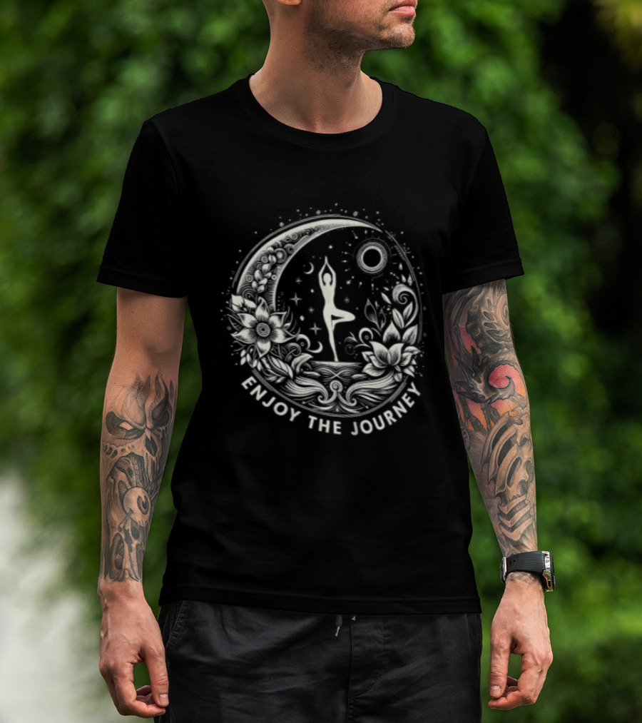Enjoy The Journey Yoga Tree Pose Mandala Moon Sun Floral Surround T-Shirt