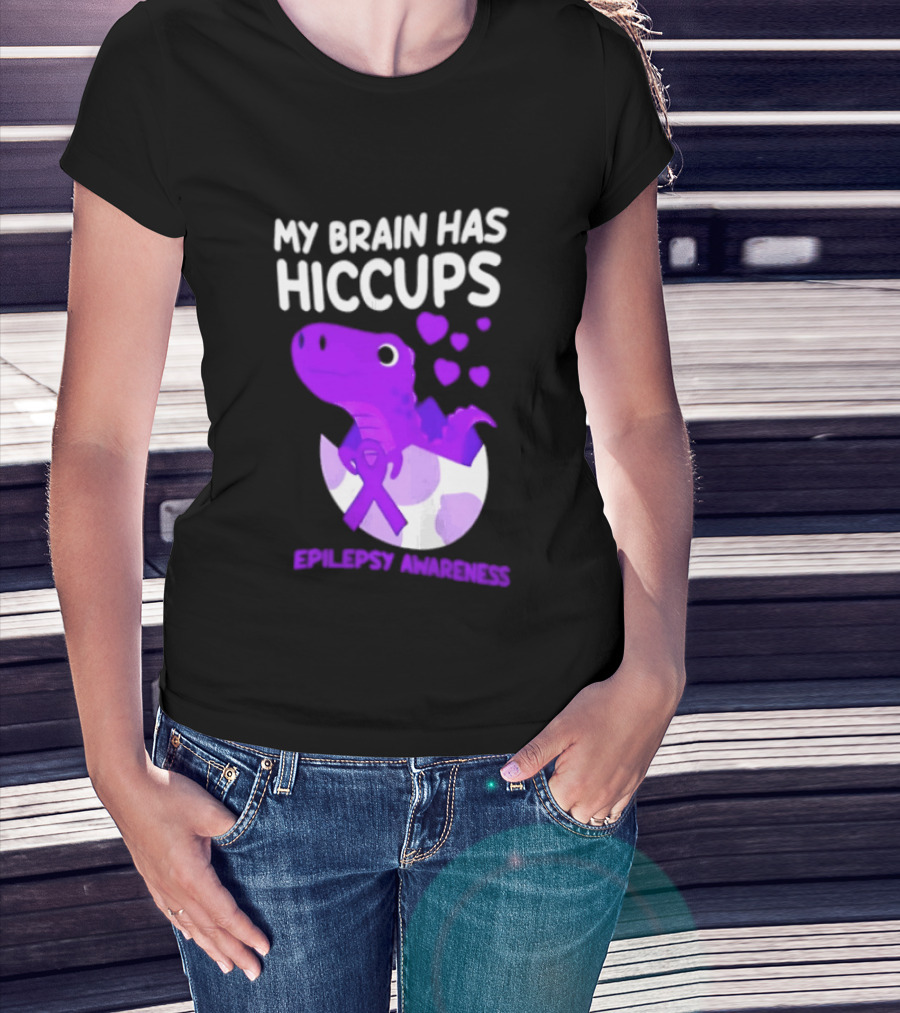 My Brain Has Hiccups Epilepsy Awareness Dinosaur Purple Ribbon Eggshell Hearts T-Shirt