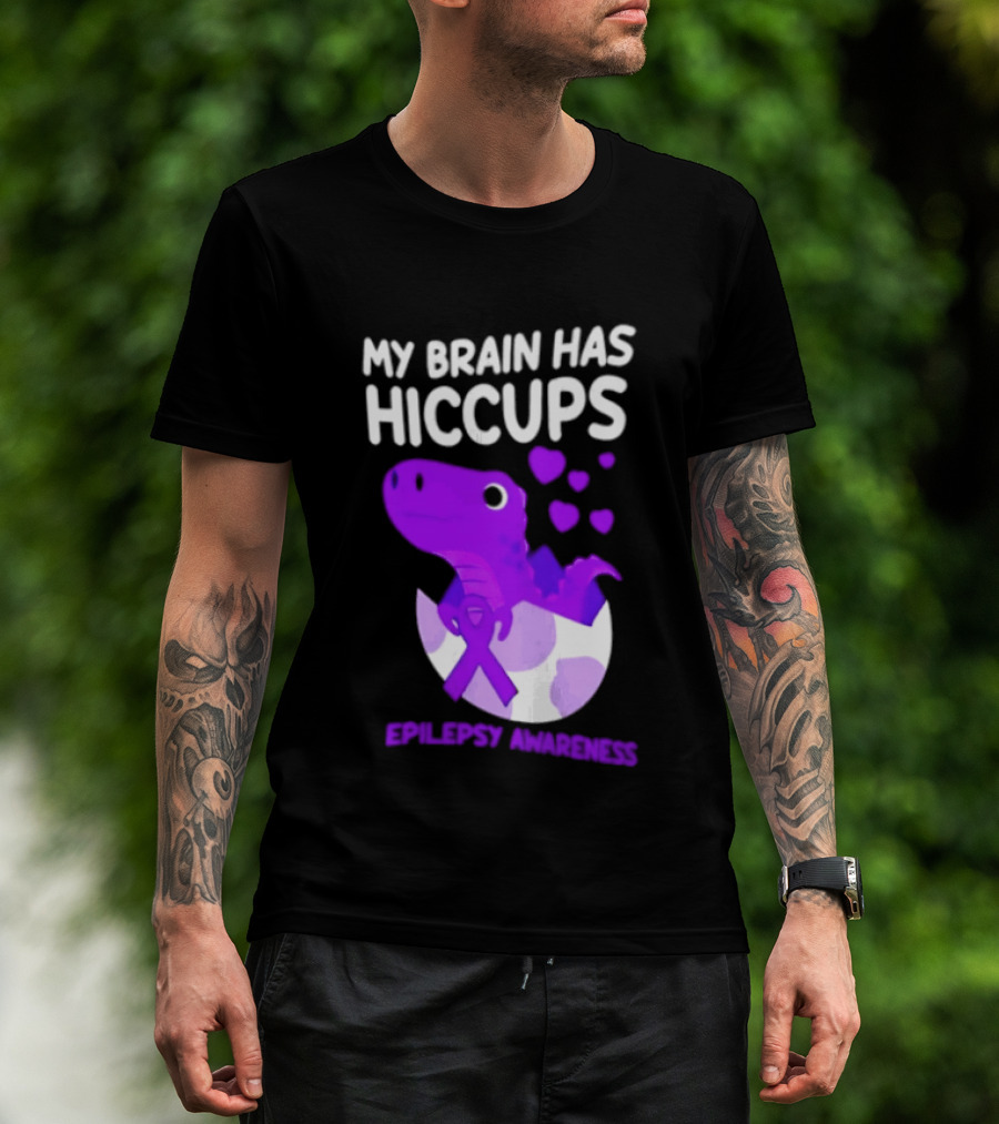 My Brain Has Hiccups Epilepsy Awareness Dinosaur Purple Ribbon Eggshell Hearts T-Shirt