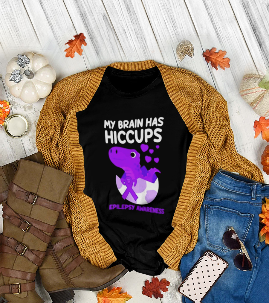 My Brain Has Hiccups Epilepsy Awareness Dinosaur Purple Ribbon Eggshell Hearts T-Shirt