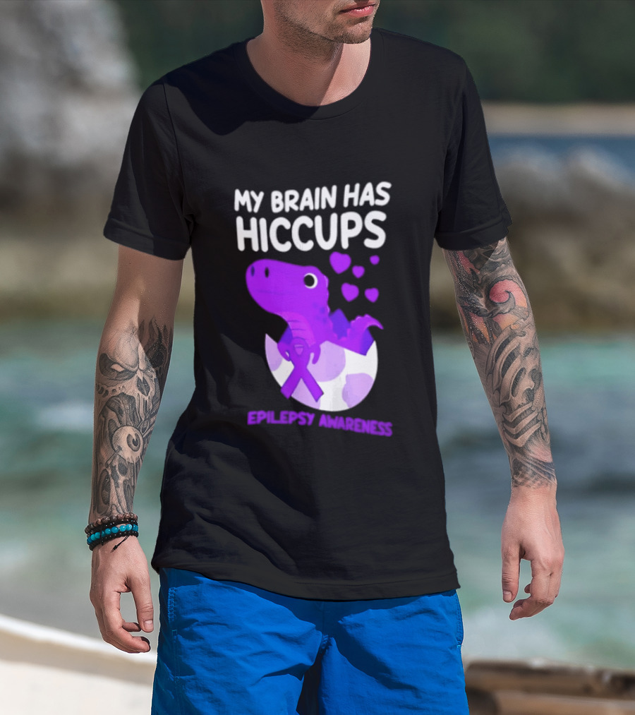 My Brain Has Hiccups Epilepsy Awareness Dinosaur Purple Ribbon Eggshell Hearts T-Shirt