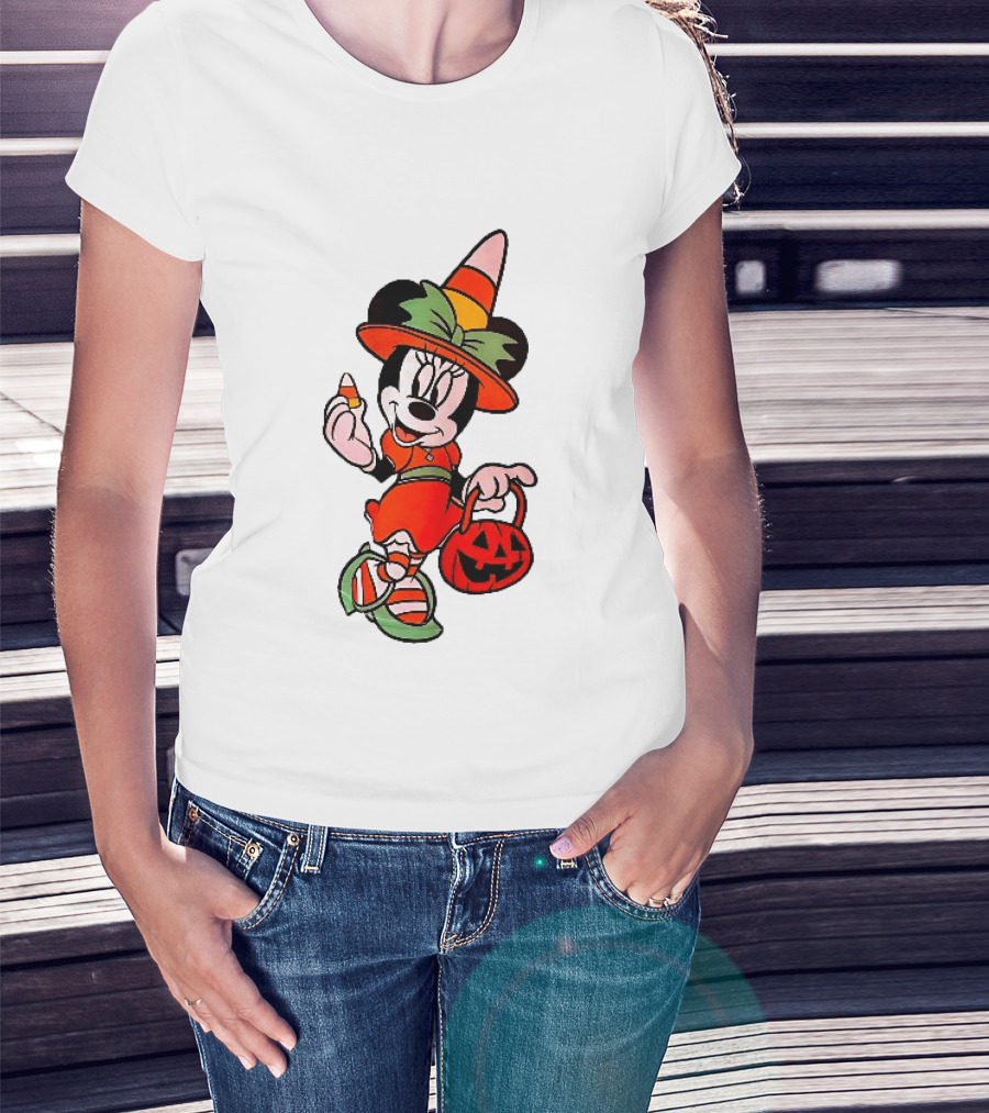 Disney Minnie Mouse Halloween Witch With Candy Corn And Pumpkin Bucket T-Shirt