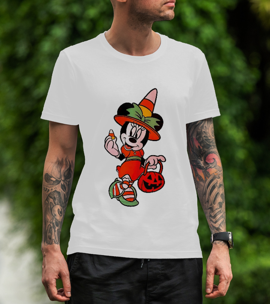 Disney Minnie Mouse Halloween Witch With Candy Corn And Pumpkin Bucket T-Shirt