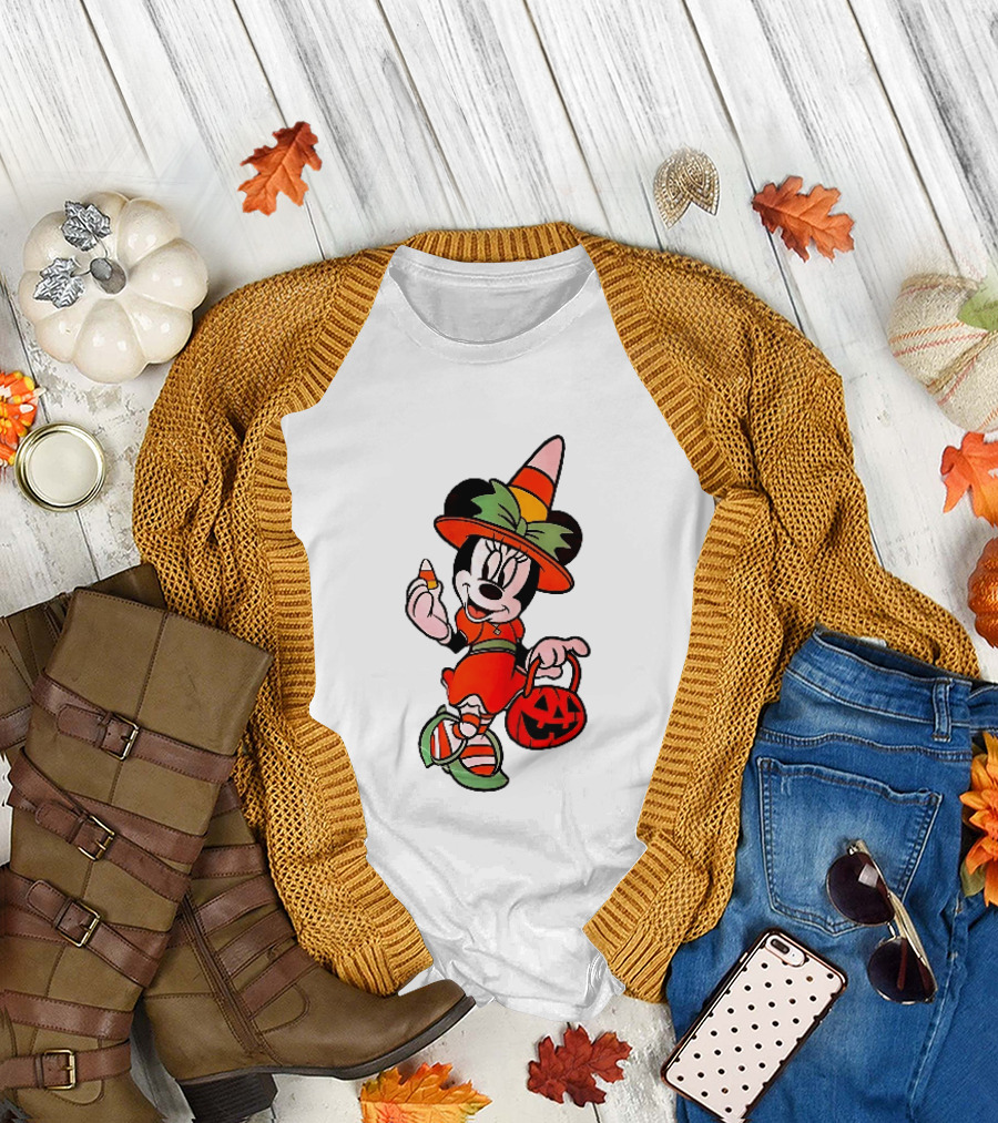 Disney Minnie Mouse Halloween Witch With Candy Corn And Pumpkin Bucket T-Shirt