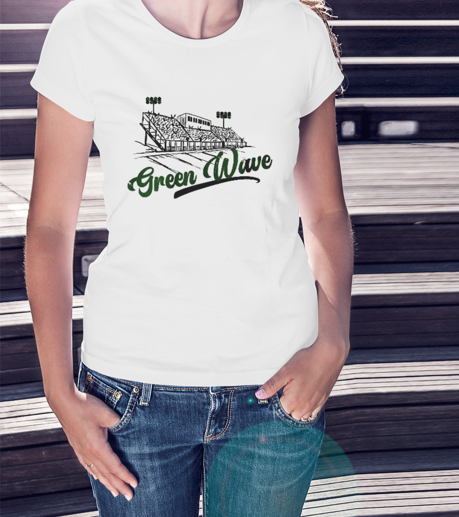 Green Wave Football Stadium Bleachers With Light Poles Sketch T-Shirt