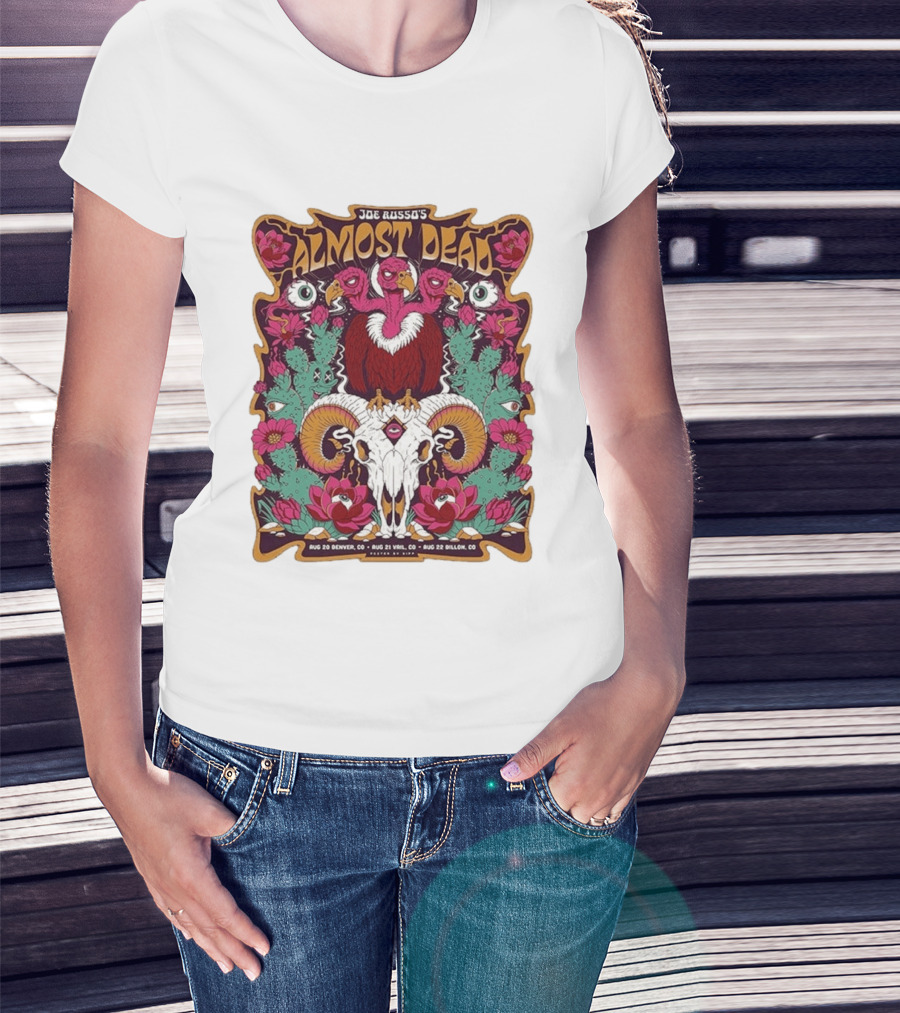 Joe Russo's Almost Dead Tour 2026 August 20 Denver August 21 Vail August 22 Dillon Vibrant Skull And Vulture Art Floral T-Shirt