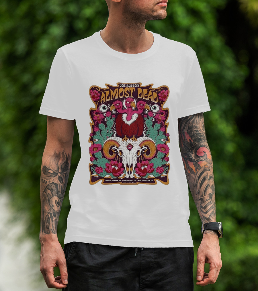 Joe Russo's Almost Dead Tour 2026 August 20 Denver August 21 Vail August 22 Dillon Vibrant Skull And Vulture Art Floral T-Shirt