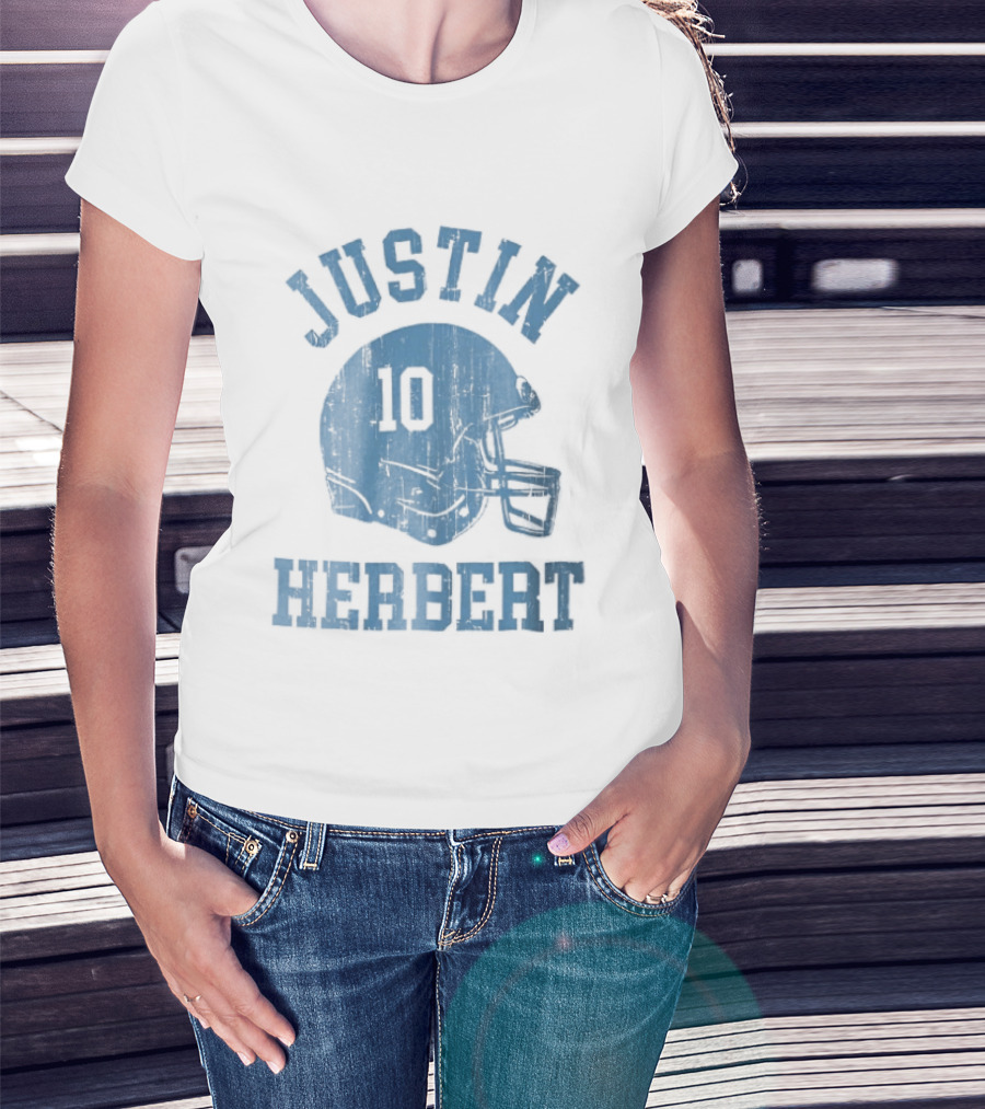 Justin Herbert Distressed Light Blue Football Helmet Number 10 T-Shirt