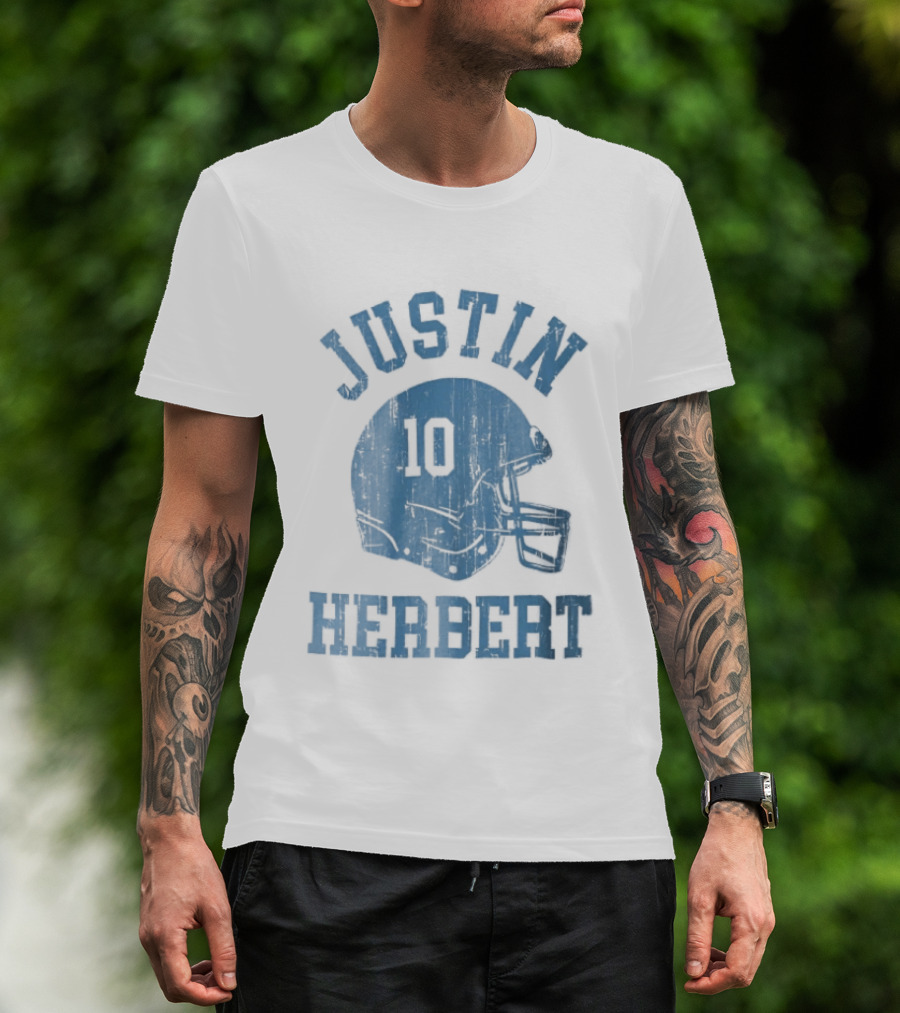 Justin Herbert Distressed Light Blue Football Helmet Number 10 T-Shirt