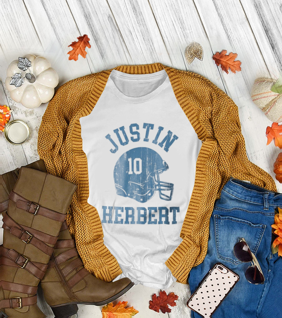 Justin Herbert Distressed Light Blue Football Helmet Number 10 T-Shirt