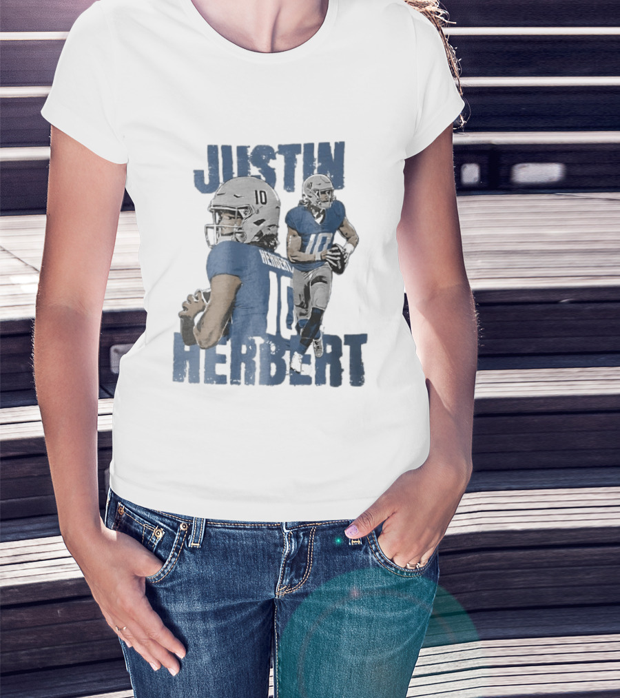 Justin Herbert Quarterback Action Photo Collage Blue Distressed T-Shirt