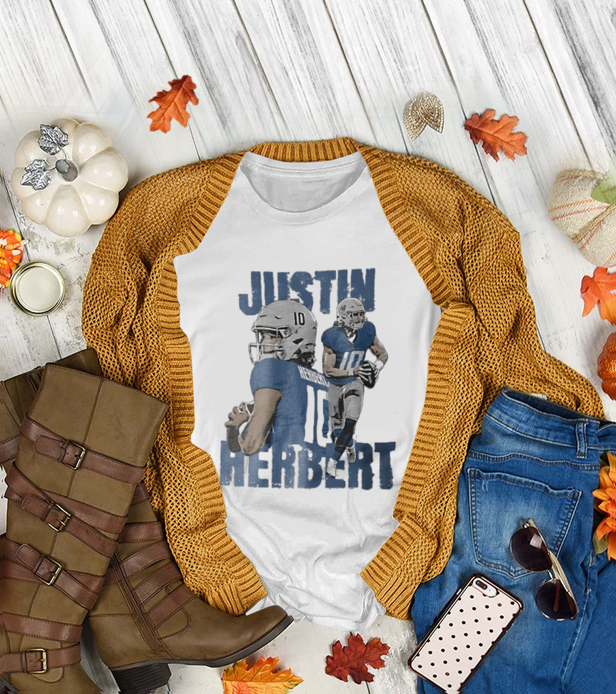 Justin Herbert Quarterback Action Photo Collage Blue Distressed T-Shirt