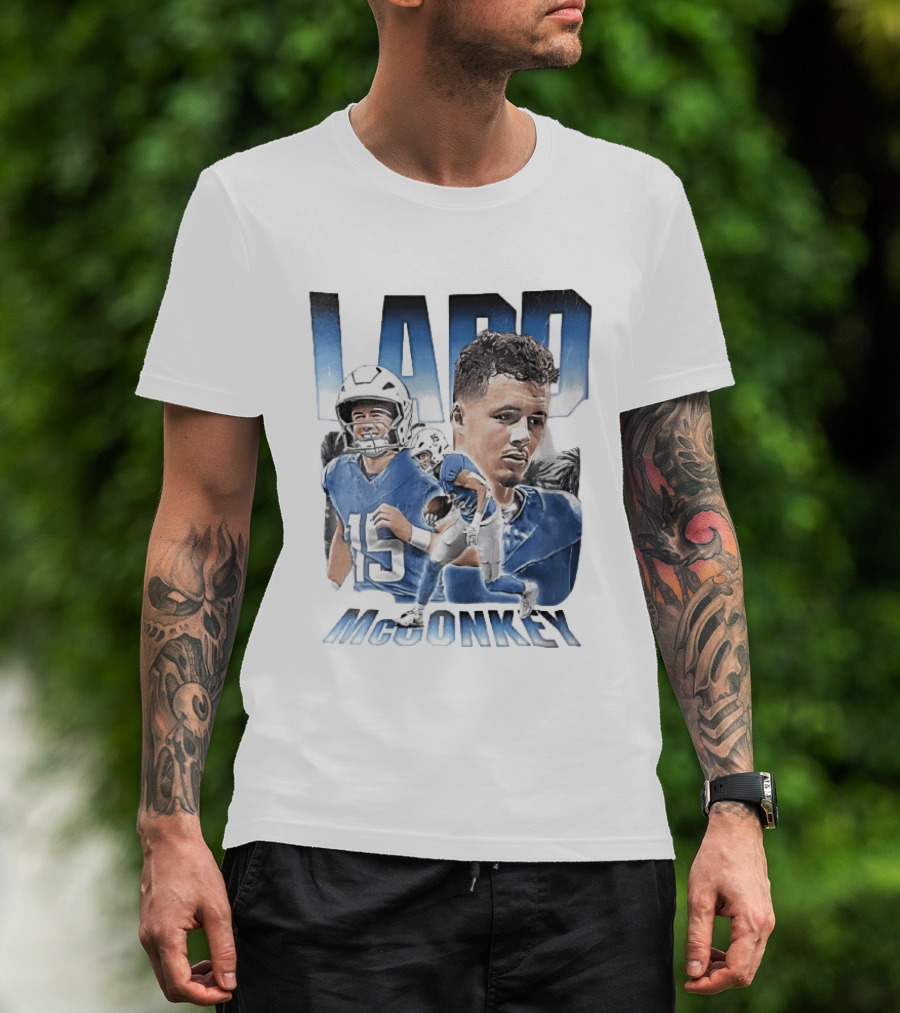 Ladd McConkey Number 15 Football Player Blue Jersey Collage T-Shirt